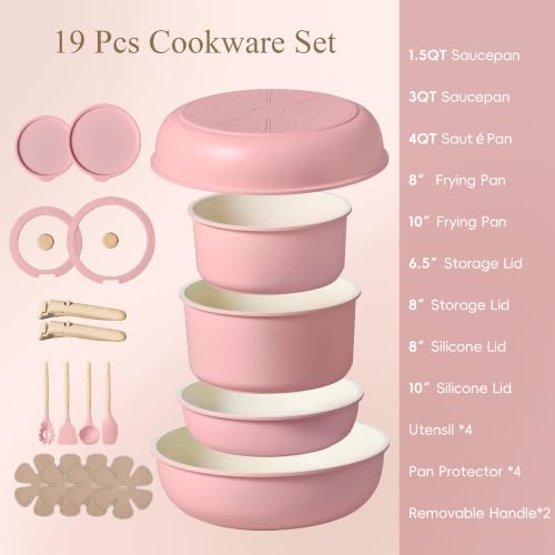 Pink 19-Piece Non-Stick Cookware Set with Detachable Handles - Space-Saving Design