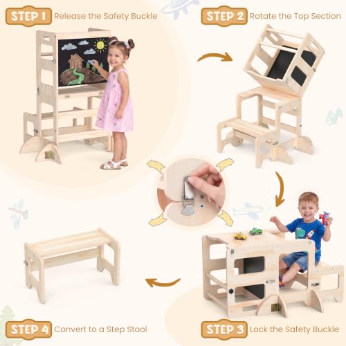 Cravenook Natural 4-in-1 Toddler Kitchen Step Stool & Learning Tower