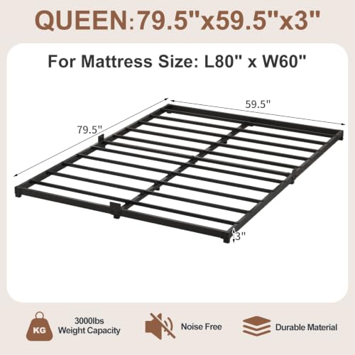 Samhapyrom Queen Size Low Profile Bed Frame 3 Inch Steel Platform, Noise-Free, Heavy Duty