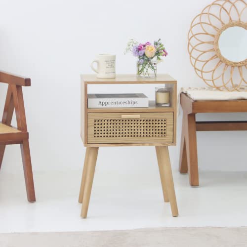MaxSmeo Modern Nightstand with Rattan Drawer - Natural Walnut Finish - Small Space Bedroom & Living Room Side Table with Storage & Solid Wood Legs - Easy Assembly