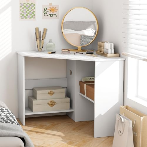 Tangkula White Corner Desk 33.5 x 33.5 x 29 Inches Space-Saving Study Table