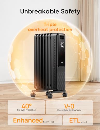 DREO Black Large Room Radiator Heater - Quiet Electric Space Heater for Indoor Use