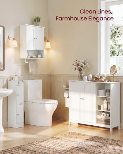 VASAGLE Cloud White Wall Mounted Bathroom Cabinet with Towel Rod, 2 Doors & Adjustable Shelves