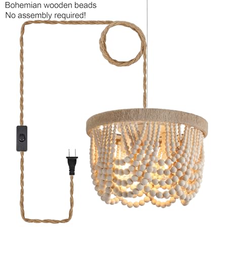 Plug-in Boho Chandelier with Natural Hemp Rope & Wooden Beads - Farmhouse Pendant Light with 14.8FT Cord, 3 E26 Bulb Bases, On/Off Switch, Natural Hemp Variation