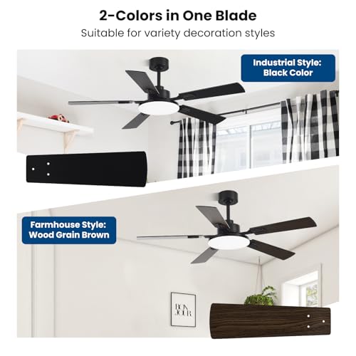 52-Inch Ceiling Fan with Lights Remote Control Black/Wood Grain - Reversible, Dimmable, Quiet DC Motor