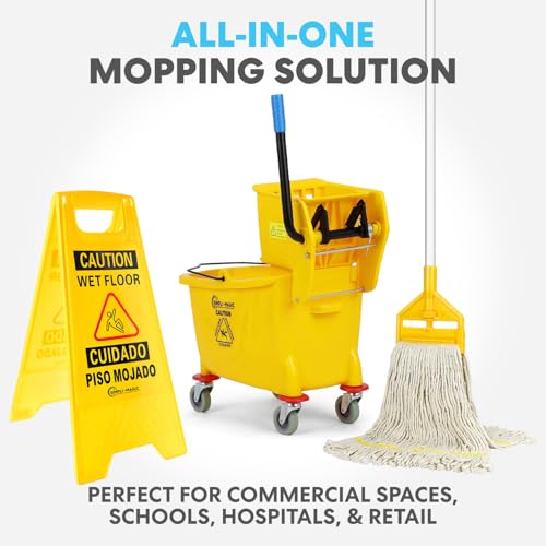Commercial 35-Quart Side Press Mop Bucket Set on Wheels with Wet Floor Sign - Yellow