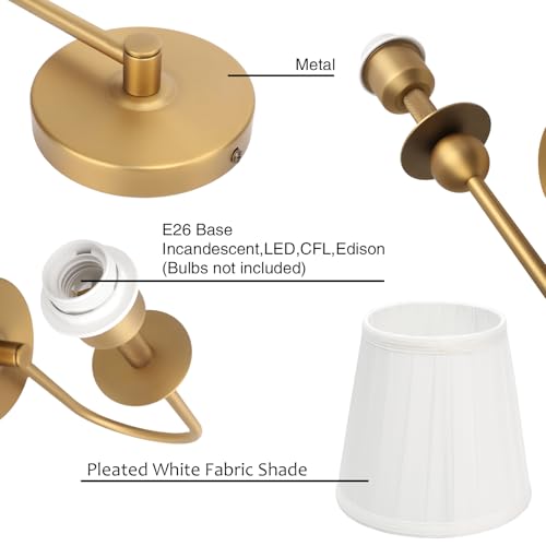 PERMO Set of 2 Brass Wall Sconces with Pleated Fabric Shades - Vintage Bathroom & Living Room Lighting