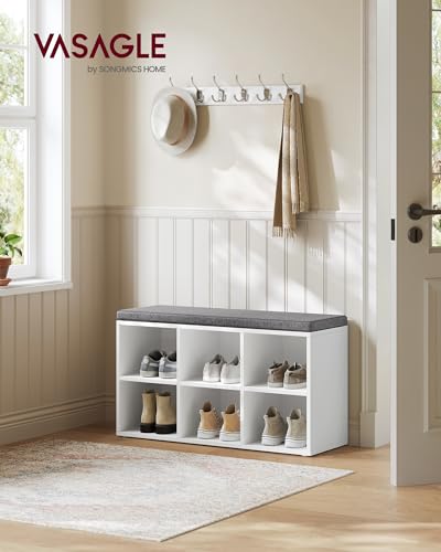 VASAGLE White Shoe Bench with Cushion, 6 Compartments & 3 Adjustable Shelves