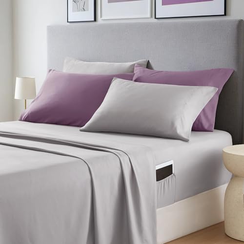 Queen Comforter Set with Sheets Plum Purple & Grey Geometric Bed in a Bag