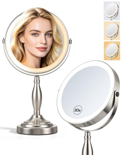 SANFANGIE Brushed Nickel Double-Sided Lighted Makeup Mirror 1X/30X Magnification