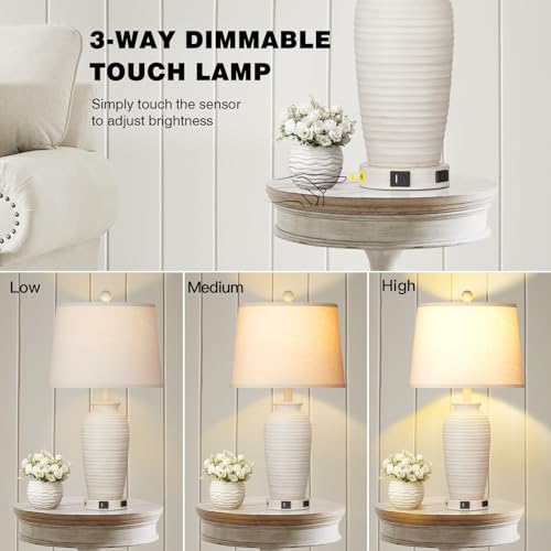 CINSARY Cream Farmhouse Jar Table Lamps Set of 2 with USB & Outlets, 3-Way Touch Control, Rustic Bedside Lamps for Bedroom & Living Room