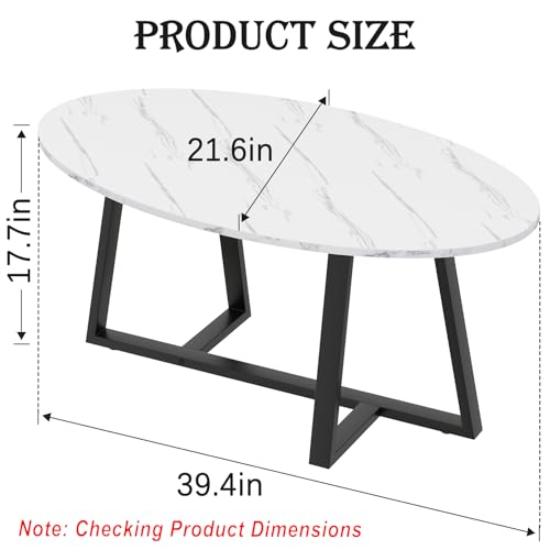 White Black Oval Coffee Table - Small Modern Living Room Side Table with Marble Top