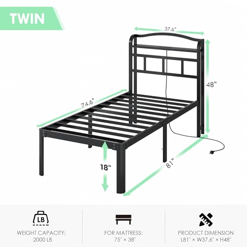 18 Inch Twin Size Bed Frame with Storage Headboard and Charging Station