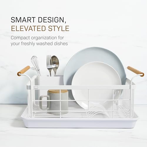 YAMAZAKI White Dish Drying Rack with Removable Tray & Cutlery Holder – Modern Kitchen Organizer