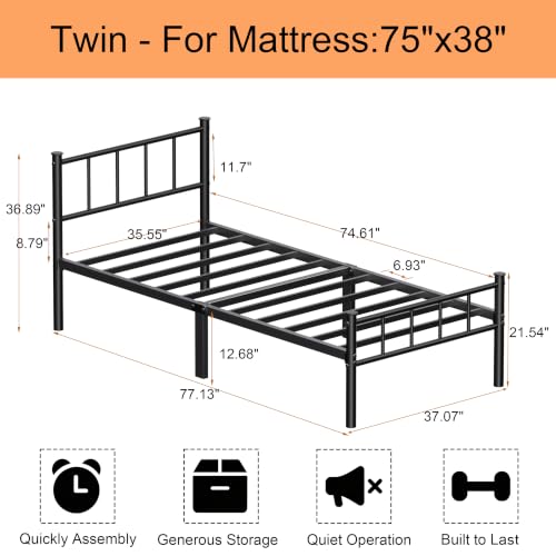 14-Inch Twin Bed Frame with Headboard, Steel Slats, Easy Assembly