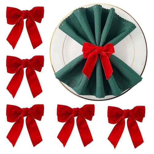 Christmas Red Velvet Bow Napkin Rings Set of 6 for Table Decorations