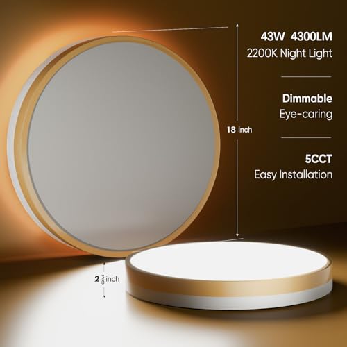 Lightania 18 Inch White Gold Flush Mount LED Ceiling Light with Remote, Dimmable & Night Light