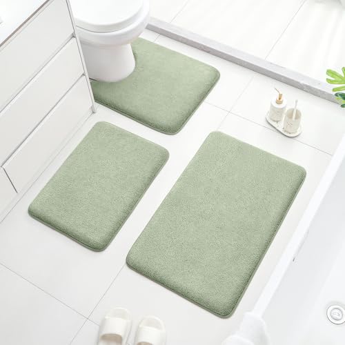 HOMEIDEAS Sage Green 3-Piece Bathroom Rug Set with Memory Foam, Absorbent Bath Mats U-Shape Toilet Rug