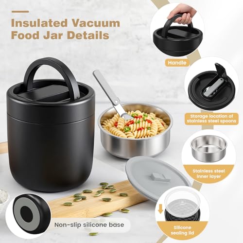 CMKPL Black Insulated Food Thermos 40.5oz with Spoon & Handle for Hot Meals