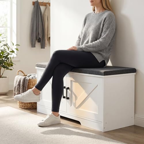 White Farmhouse Shoe Storage Bench with Barn Doors & Padded Seat Cushion – 39.4" Wide
