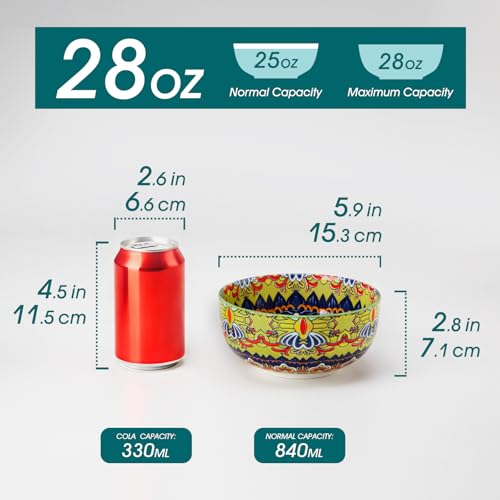 Vancasso 6-Piece Colorful Porcelain Cereal Bowls Set, 28oz Kitchen Dinnerware