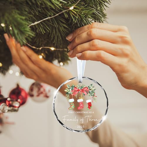 Christmas Ornaments 2025 Our First Christmas As A Family of Three Ornament Unique Crystal Baby 1st Xmas Ornaments New Parents Gifts for Couples Mom Dad Newborn Girls Boys Xmas Tree Decorations