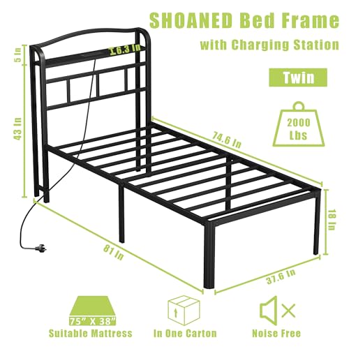 Twin Metal Bed Frame with Headboard & Charging Station - 18 Inch Heavy Duty Platform Bed