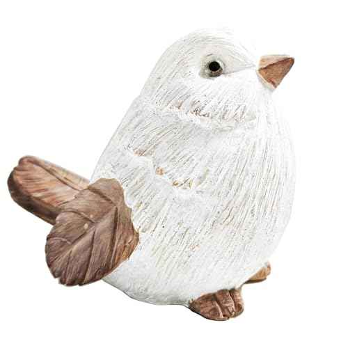 Rustic Bird Statues Home Decor, Vintage White Brown Songbird Robin Bird Figurine with Leaves Wings for Table Decorations, Shelf for TV Stand, Fireplace, Bird Sculptures for Living Room Bathroom Office