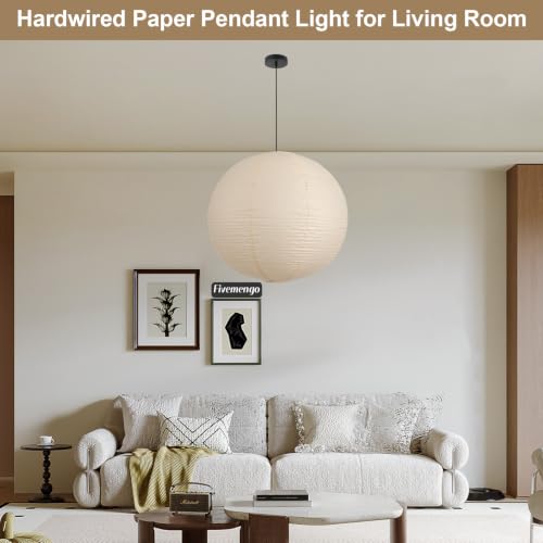 Fivemengo Off-White 23.6in Paper Pendant Light with Adjustable Cord & Canopy — Modern Ceiling Lamp