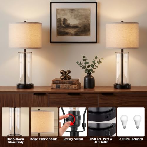 Kyrid Set of 2 23.5'' Glass Table Lamps with USB Charging & Outlets for Living Room & Bedroom