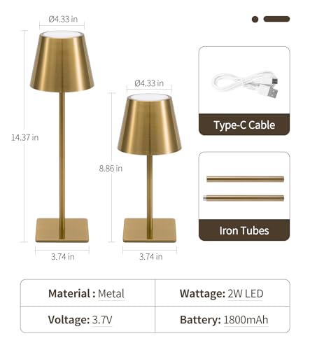 Brushed Gold 3-Pack Cordless Table Lamps with Touch Control & Dimming