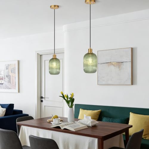 2 Pack Pendant Lights with Vintage Green Ribbed Glass Shades - Adjustable Brushed Gold Fixtures for Kitchen Island, Dining & Living Room (Bulbs Not Included)