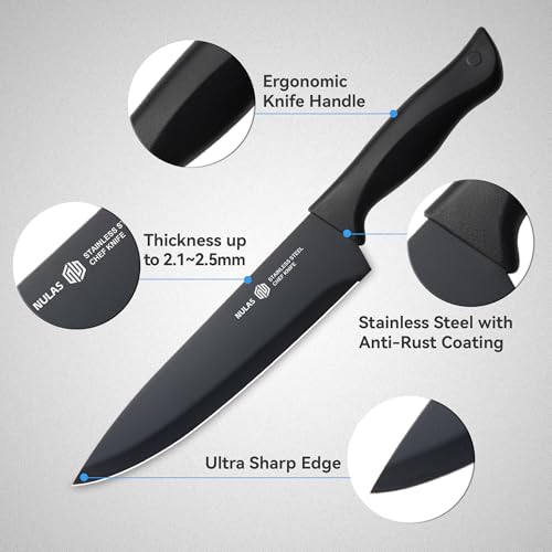 NULAS Black 15-Piece Kitchen Knife Set with Block & Built-In Sharpener