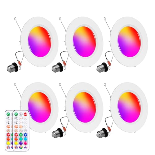 Taptoron White 6-Pack RGB Color Changing LED Recessed Can Lights 13W Dimmable Ceiling Downlights