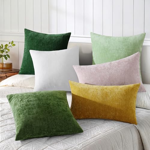 decorUhome Chenille Moss Green Fall Throw Pillow Covers 18x18 Inch Set of 2, Decorative Soft Couch Pillow Covers Solid Dyed Accent Velvet Farmhouse Neutral Square Christmas Pillow Cases for Sofa