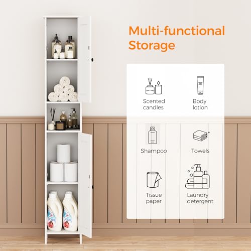 Tall Bathroom Storage Cabinet - White Slim 11.8W with 2 Doors - Homleke