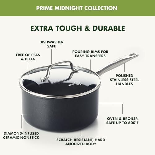 GreenPan Prime Chatham 1QT & 2QT Nonstick Saucepan Set with Glass Lids, Hard Anodized, PFAS-Free, Dishwasher Safe, Oven Safe, Black