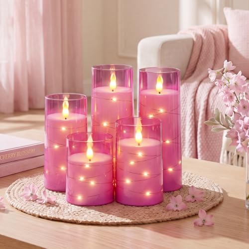 Pink Flickering Flameless Candles with Remote Control - D3" x H4" (Set of 5)
