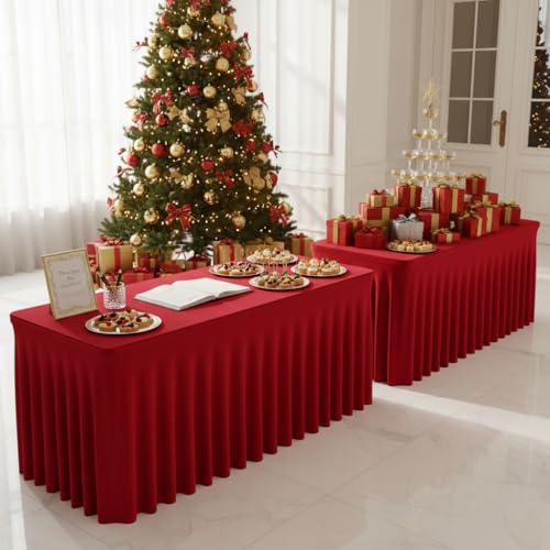 HolidayIdeas 2 Pack Red 4ft Spandex Tablecloths for Christmas Decor