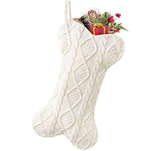 Dog Christmas Stocking, Knit White Stocking for Dogs, Bone Shape