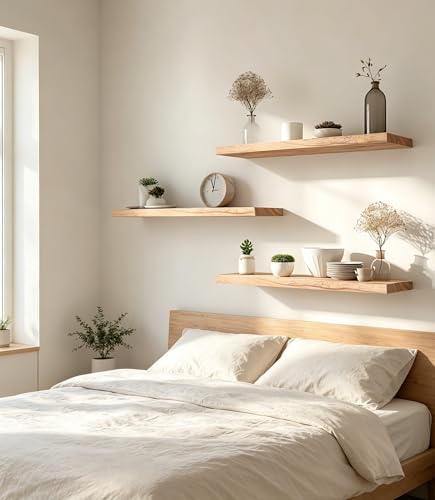 HXSWY 24 Inch Rustic Farmhouse Floating Wall Shelves Set of 4 Light Brown - Solid Wood