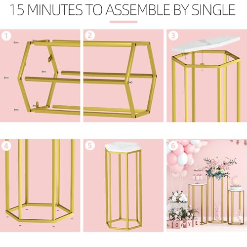 Gold Hexagon Pedestal Stands Set of 3 for Party Decor and Display