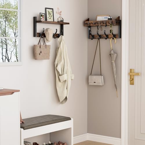 Rustic Brown 35-Inch Wall Mount Coat Rack with Shelf - Entryway Organizer