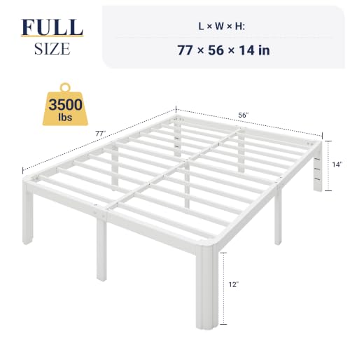 Allewie White Metal Full Bed Frame 14 Inch Tall with Rounded Corners & Storage