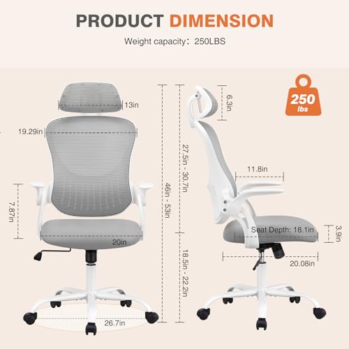 Mesh Office Desk Chair with Lumbar Support & Flip-up Armrest - Grey