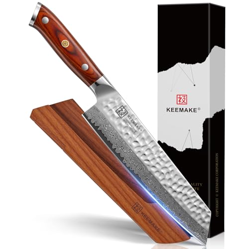 KEEMAKE 8-Inch Damascus Chef Knife with VG10 Steel & Pakkawood Handle - Japanese Kitchen Knife with Wood Sheath