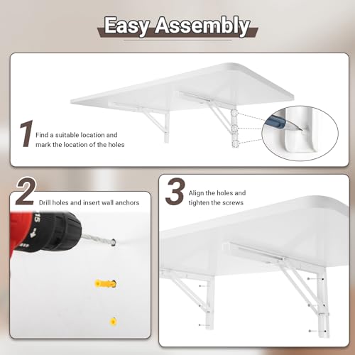 Neoaider Wall Mounted Folding Table 39.4”L x 19.7”W, White - Space-Saving Desk for Home & Office