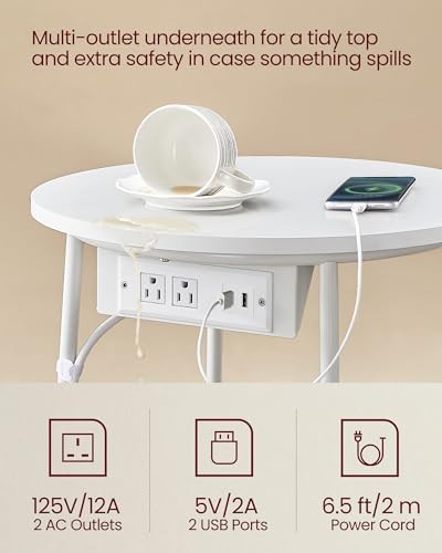 VASAGLE Round End Table with Charging Station - Matte White & Camel Brown, Fabric Basket