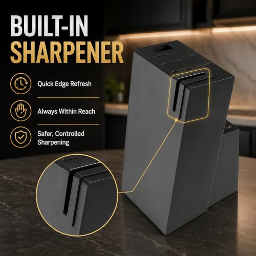Black 14-Piece Kitchen Knife Block Set with Built-In Sharpener - Includes Steak Knives & Scissors