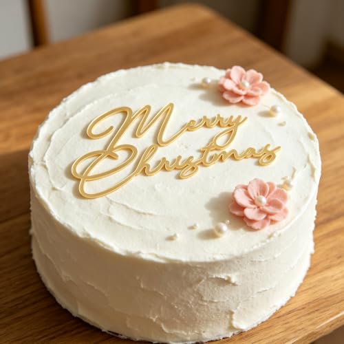 Merry Christmas Cake Topper - Mirror Gold Acrylic 2.2x4 in for Cakes & Desserts